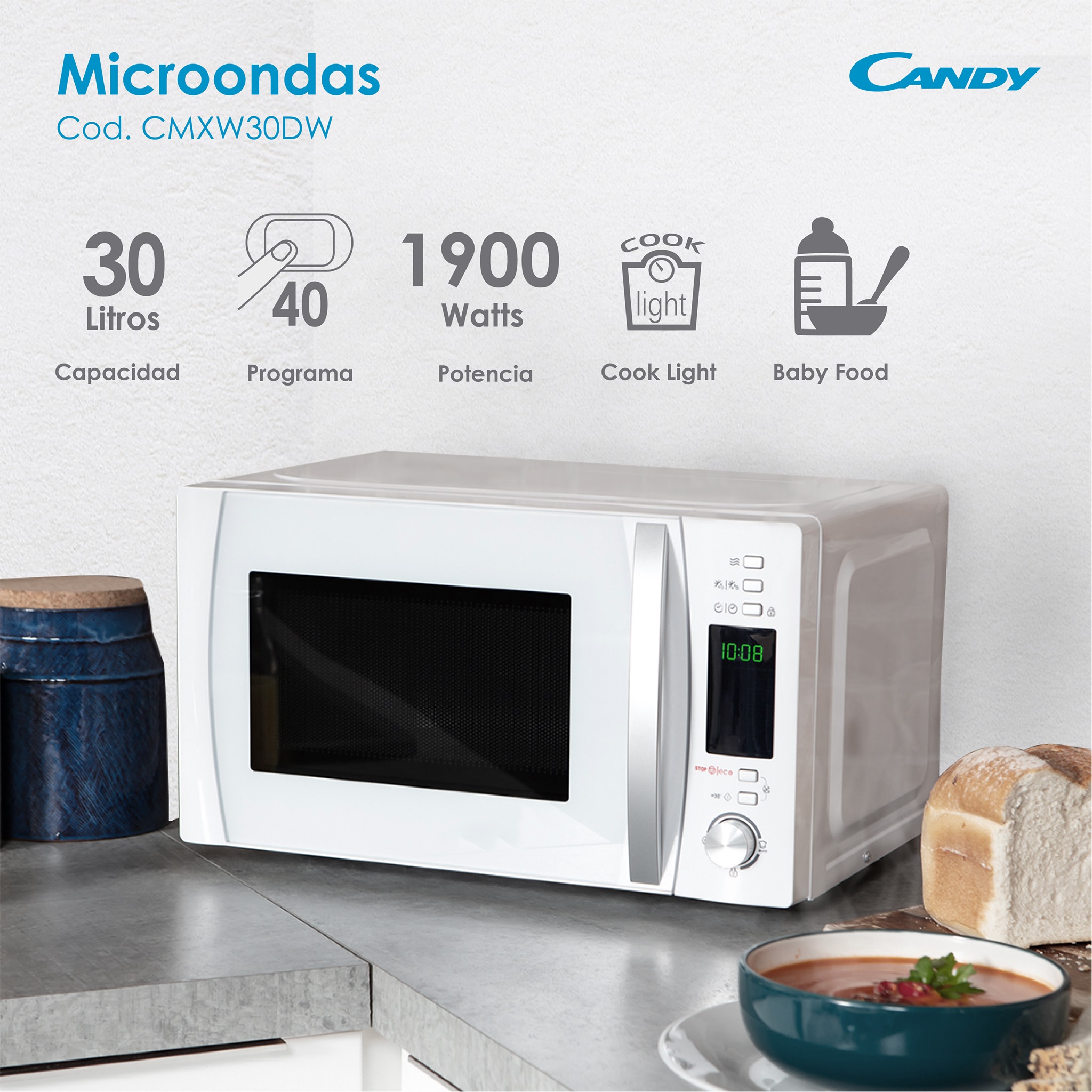 Microonda Candy 30lts S/ Grill Digital 900w Blanco - Imagen 2