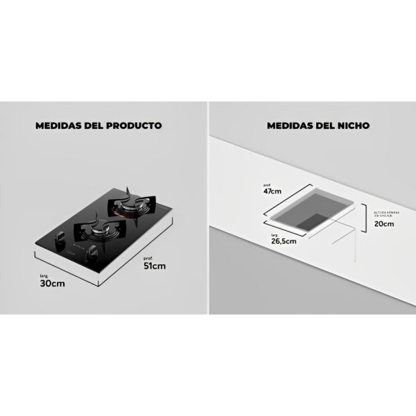 Cocina Anafe Atlas 2H Gas Cooktop U Top Glass Vidrio Templado - Imagen 2