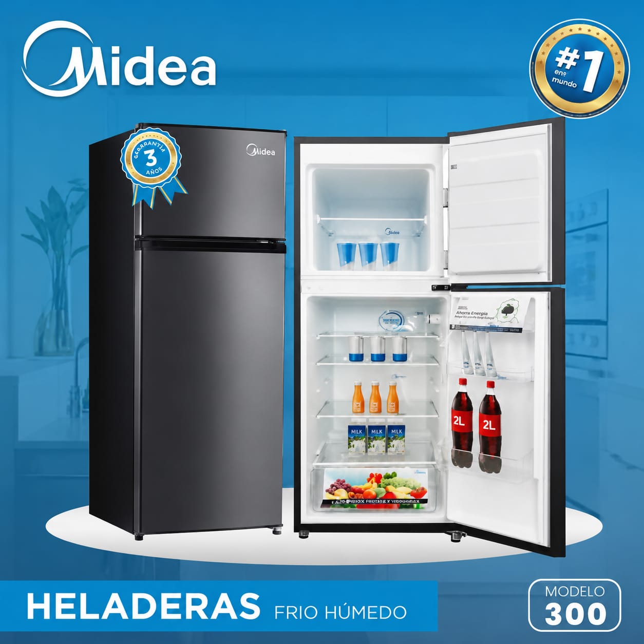 Heladera Midea 300lts 2p Negro Frio Humedo - Imagen 2