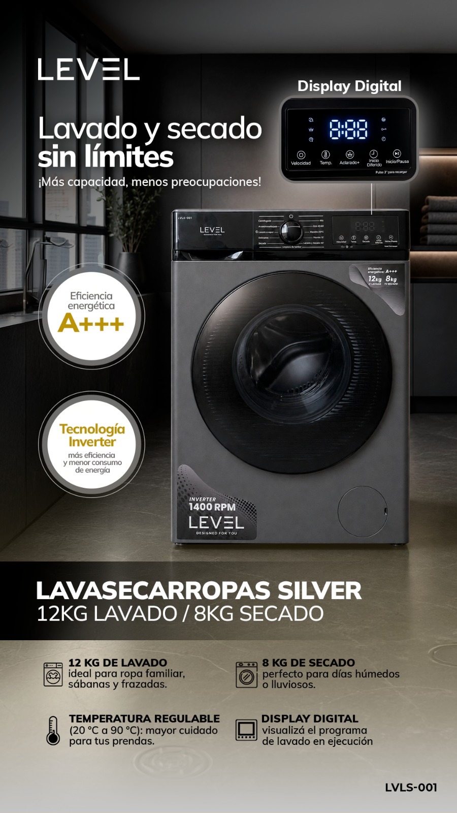 Lavasecarropas Level Silver 12/8kg 1200RPM LVLS-001